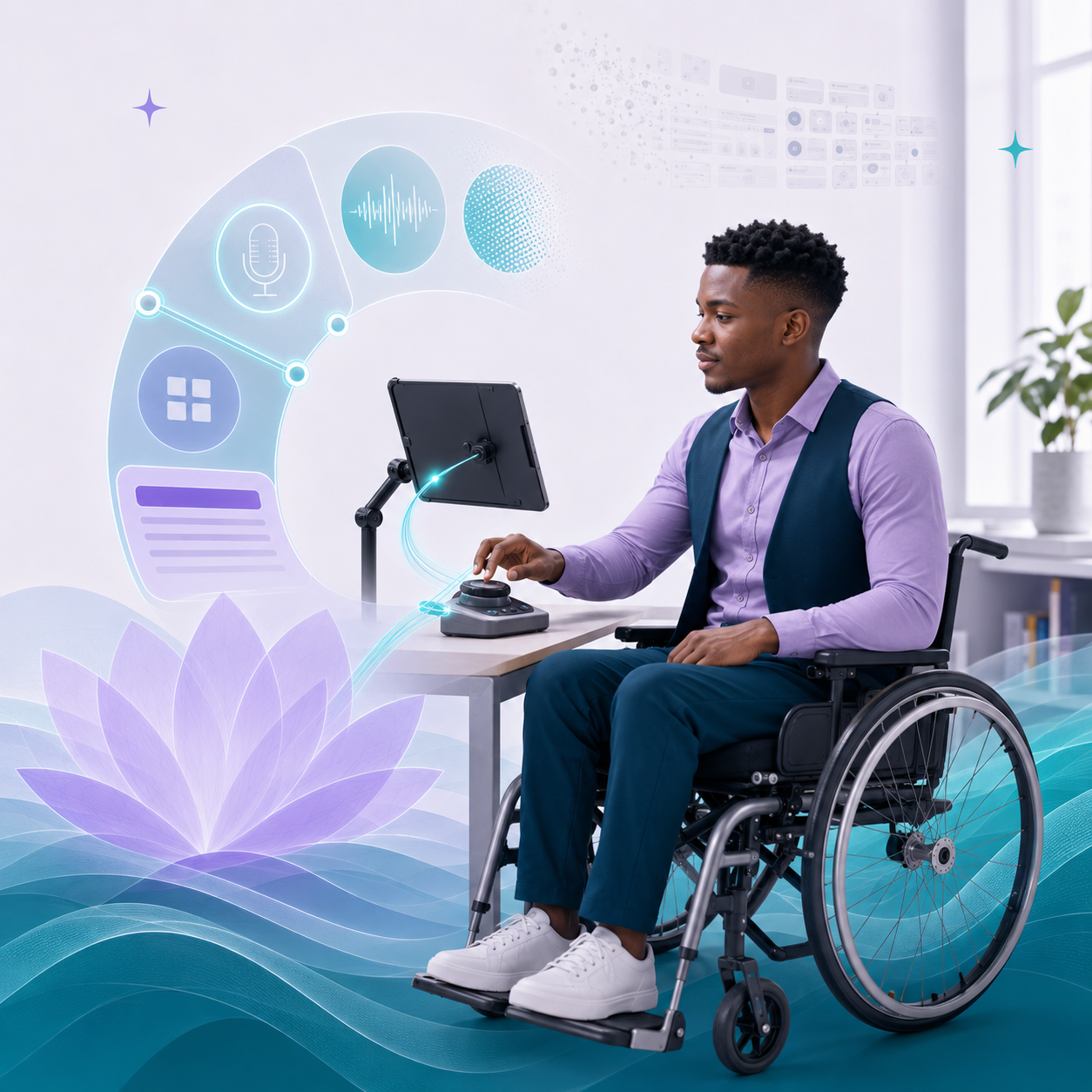 A wheelchair user operating an accessible digital interface